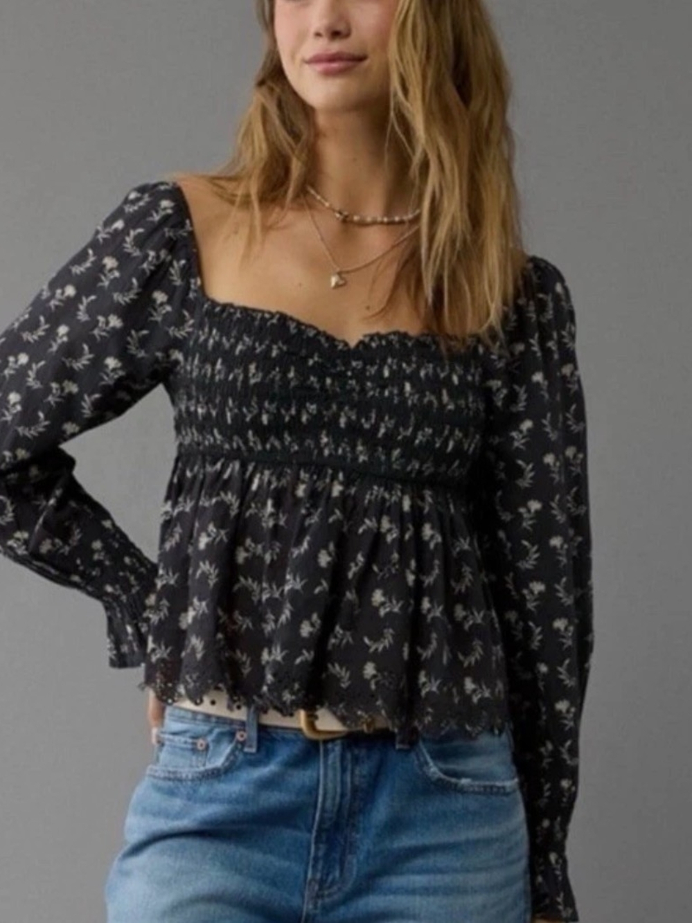 American Eagle Outfitters Black Floral Smocked Square-Neck Peplum Top
